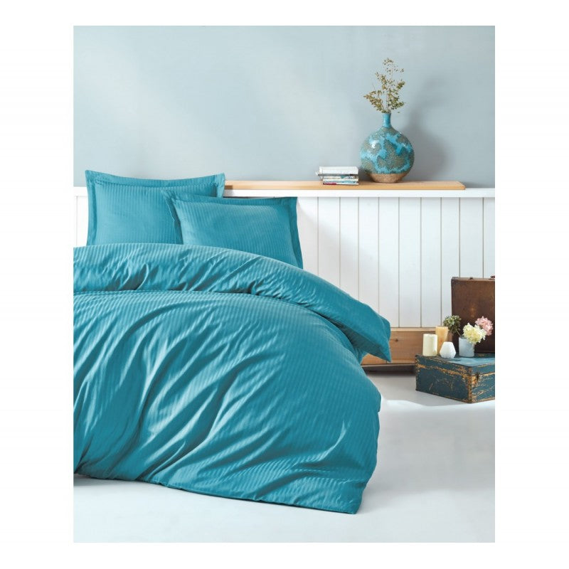 Спално бельо комплект памучен сатен райе 4 части - долен чаршаф, плик за завивка, калъфка за възглавница 2 броя, Тюркоазено син