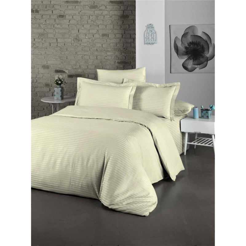 Спално бельо комплект памучен сатен райе 4 части - долен чаршаф, плик за завивка, калъфка за възглавница 2 броя, Екрю