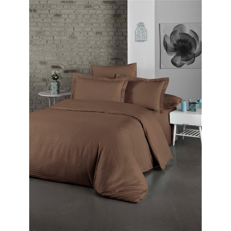Спално бельо комплект памучен сатен райе 4 части - долен чаршаф, плик за завивка, калъфка за възглавница 2 броя, Кафяв