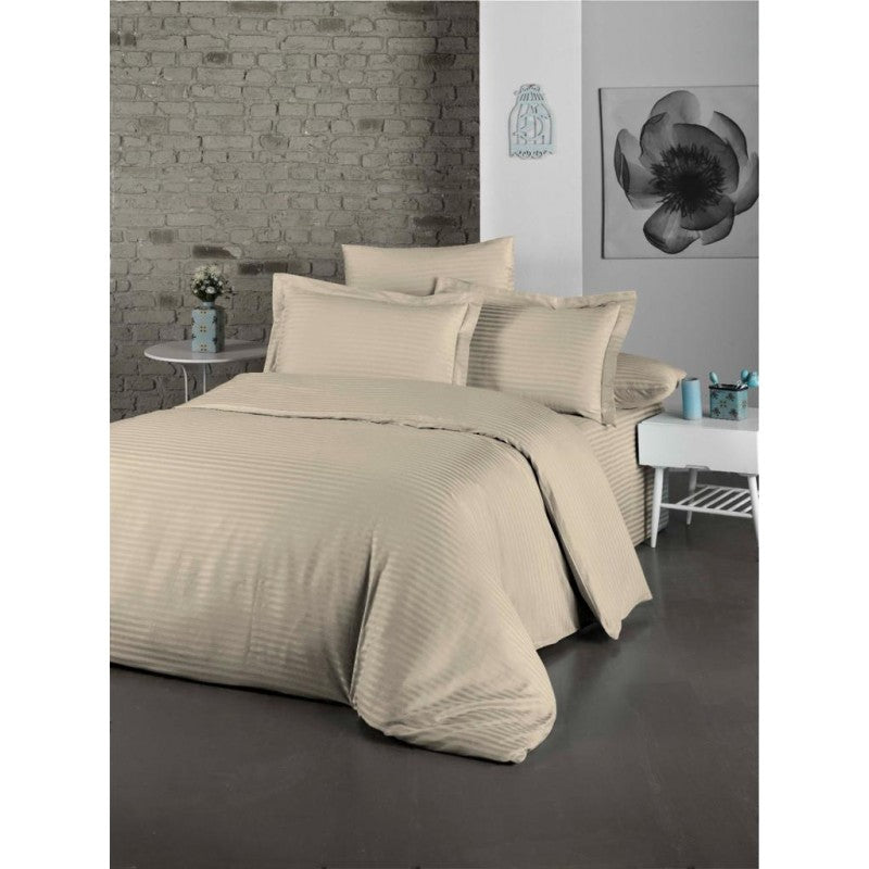 Спално бельо комплект памучен сатен райе 4 части - долен чаршаф, плик за завивка, калъфка за възглавница 2 броя, Бежов